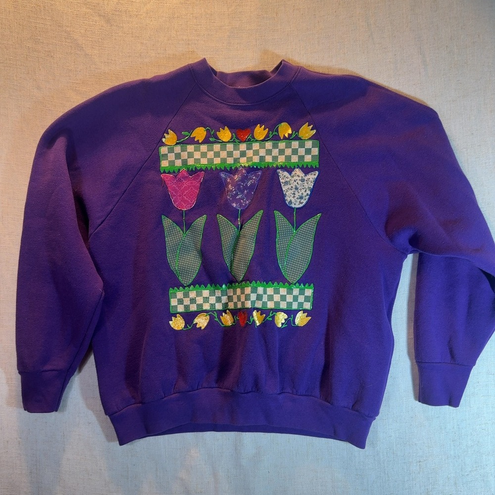 Fruit of the Loom Crewneck Sweatshirt Purple Floral Women's Size XL